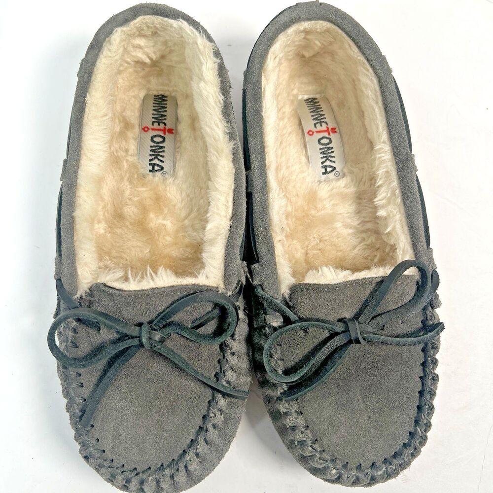 Minnetonka Cally Suede Moccasin Plush Pile Faux Sherpa Lined GRAY Size 7 Womens